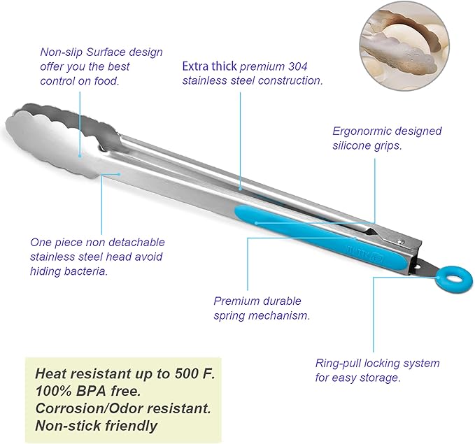 304 Stainless Steel Kitchen Cooking Tongs, 14" and 16" Set of 2 Sturdy Grilling Barbeque Brushed Locking Food Tongs with Ergonomic Grip, Blue - Image 5