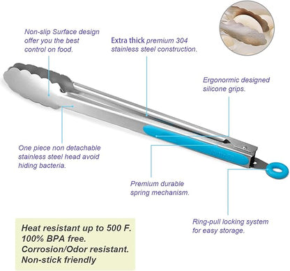304 Stainless Steel Kitchen Cooking Tongs, 14" and 16" Set of 2 Sturdy Grilling Barbeque Brushed Locking Food Tongs with Ergonomic Grip, Blue - Image 5