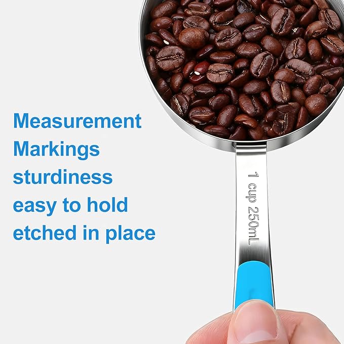 Bopei Measuring Cups and Spoons Set Stainless Steel 10 Piece for Cooking and Baking (5 Cups + 5 Spoons, Light Blue Handle) - Image 4