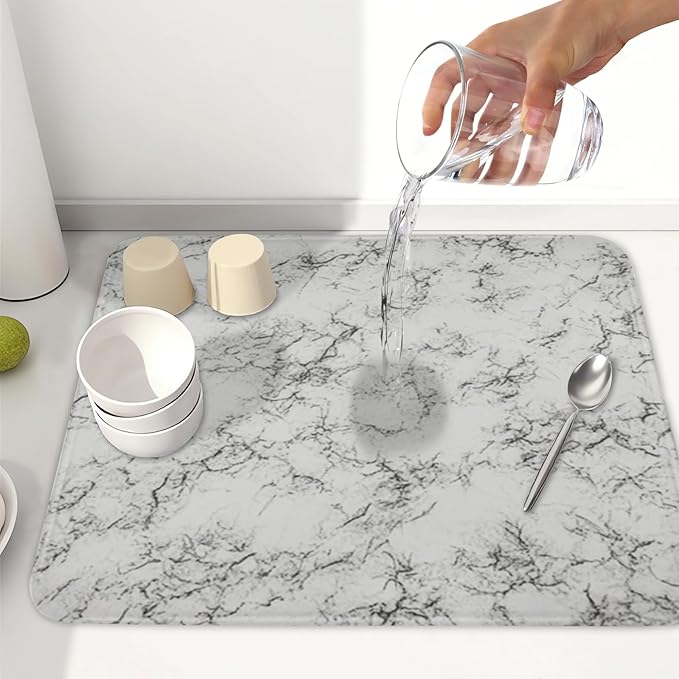 White Grey Marble Dish Drying Mat for Kitchen Counter Modern Marble Pattern Microfiber Dish Drainer Mat Absorbent Washable Drying Pad 16"x18"
