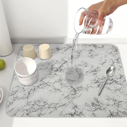 White Grey Marble Dish Drying Mat for Kitchen Counter Modern Marble Pattern Microfiber Dish Drainer Mat Absorbent Washable Drying Pad 16"x18"