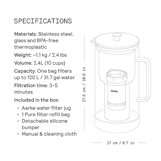 Aarke Purifier - Premium Glass and Stainless Steel Water Filter Pitcher, Refillable Filter System and Granules, 2.4L Pitcher with 1.18L Filtration Capacity - Image 8
