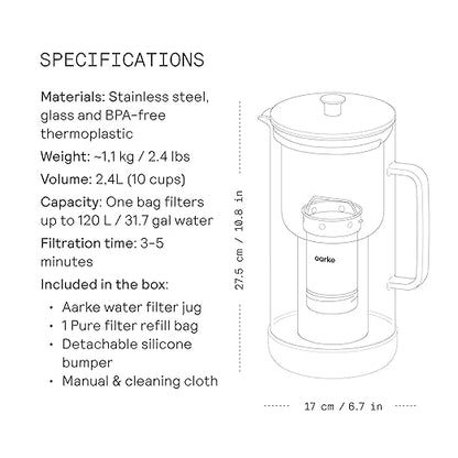 Aarke Purifier - Premium Glass and Stainless Steel Water Filter Pitcher, Refillable Filter System and Granules, 2.4L Pitcher with 1.18L Filtration Capacity - Image 8