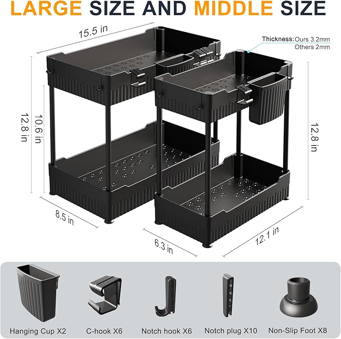 Sevenblue 2 Pack Under Sink Organizer, Under Bathroom Cabinet Organizer with Hooks Hanging Cup, Multi-Purpose Storage Shelf for Kitchen Bathroom, Black - Image 4