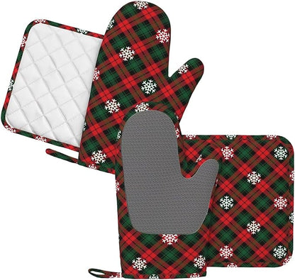 Red Green Plaids Oven Mitts and Pot Holders Set, 4pcs Retro Christmas Plaid Silicone Oven Glove for Kitchen Heat Resistant Oven Mitts and Potholders Non-Slip for Cooking