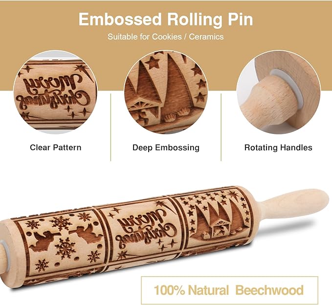 Christmas Embossed Rolling Pin for Baking Cookies Embossing Rolling Pins with Design Wooden Engraved Springerle Roller Pin Dough Patterned Clay Pottery Ceramic Bakers Women (Nativity Patterns)
