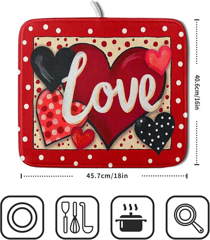 Love Heart Dish Drying Mat 16"x18" Red Dots Microfiber Dish Rack Mat Holiday Absorbent Fast Dry Draining Pad for Kitchen Counter Bar Sinks