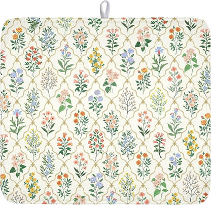 Floral Dish Drying Mat for Kitchen Counter Spring Summer Wild Flowers Diamond Pattern Microfiber Dish Drainer Mat Rustic Absorbent Washable Drying Pad 16"x18"