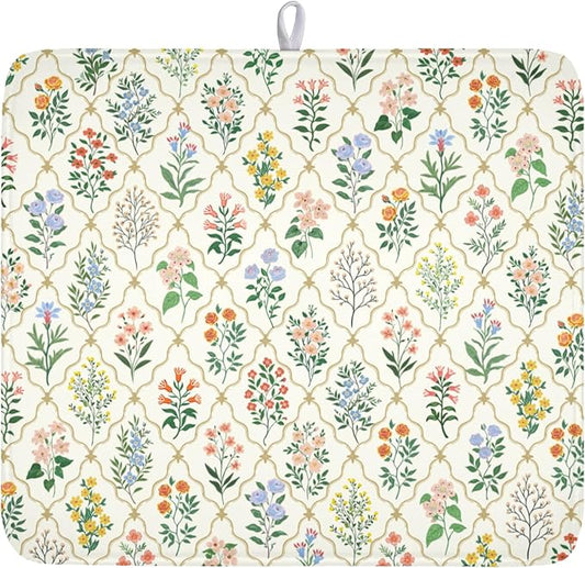 Floral Dish Drying Mat for Kitchen Counter Spring Summer Wild Flowers Diamond Pattern Microfiber Dish Drainer Mat Rustic Absorbent Washable Drying Pad 16"x18"