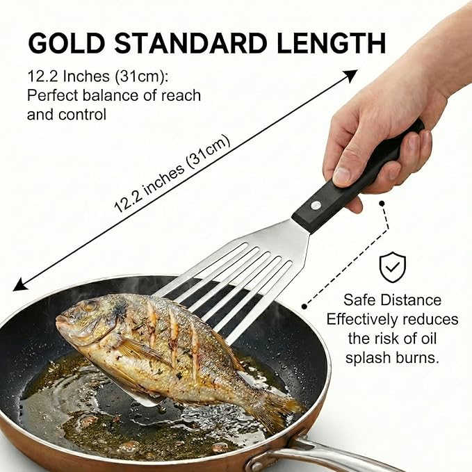 Stainless Steel Fish Spatula, 12.2" Slotted Metal Turner with Heat-Resistant PP Handle, Thin Beveled Edge, Sturdy 1.2 mm Blade for Fish, Burgers, Eggs, Pancakes, Cast Iron & Grill