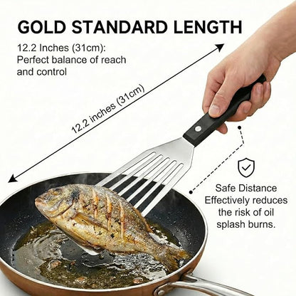 Stainless Steel Fish Spatula, 12.2" Slotted Metal Turner with Heat-Resistant PP Handle, Thin Beveled Edge, Sturdy 1.2 mm Blade for Fish, Burgers, Eggs, Pancakes, Cast Iron & Grill