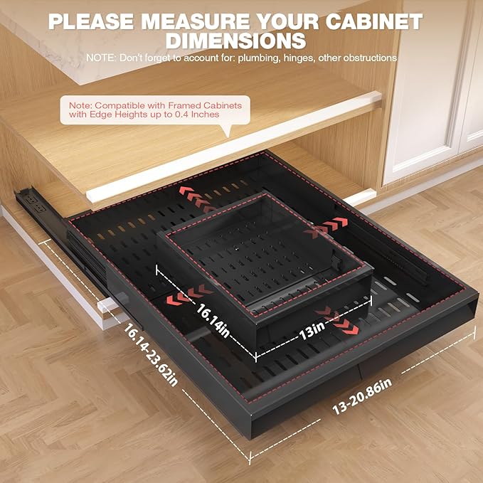 Seinloes 2 Pack Pull Out Cabinet Organizer With Raising Pad for Framed Cabinets,Expandable Width (13"-21") and Depth (17"-24"),3 Slide Rails Slide Out Drawers with Handle,No-Drill Roll Out Shelf,Black - Image 6
