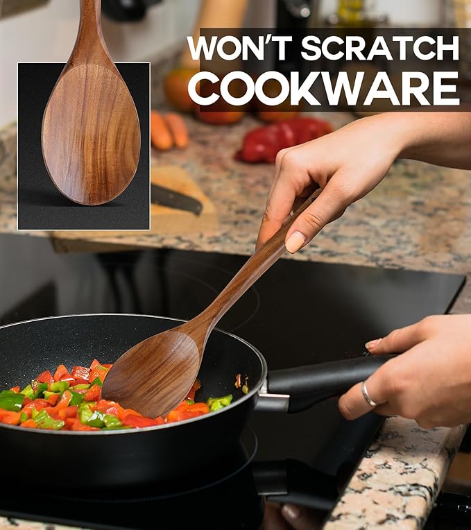 Wooden Spoons for Cooking, Natural Premium Teak Wooden Spoons, Good Grip Large Cooking Spoons and Wooden Spatula, Heat Resistant Wooden Cooking Utensils for Nonstick Cookware Serving, Perfect Gifts - Image 3