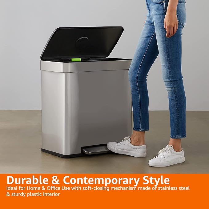Amazon Basics Dual Compartment Recycling Trash Can with Soft-Close Lid, Fingerprint Resistant, Removable Liner Buckets, 60 Liters, Rectangular, Grey, Silver - Image 4