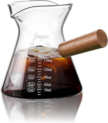 Joeyan 6 oz Glass Measuring Cup with Double Spouts,Clear Borosilicate Espresso Shot Glasses with Wooden Handle,Milk Creamer Frothing Pitcher Barista Coffee Carafe by JoeyanHousehold