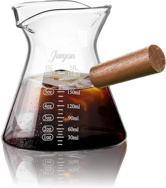 Joeyan 6 oz Glass Measuring Cup with Double Spouts,Clear Borosilicate Espresso Shot Glasses with Wooden Handle,Milk Creamer Frothing Pitcher Barista Coffee Carafe by JoeyanHousehold