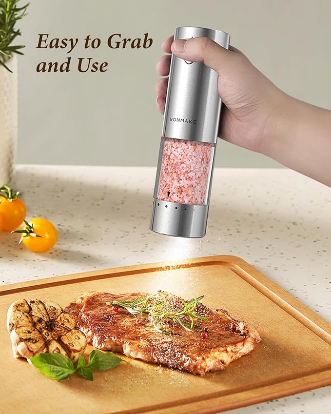 Electric Salt and Pepper Grinder Set - Automatic Refillable Salt and Pepper Grinders with Charging Base & LED Light, 6-Level Adjustable Coarseness with External Dial, Ideal Kitchen Gadget，Silver - Image 7