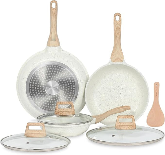 ESLITE LIFE Nonstick Ceramic Frying Pans Skillets Set with Lids, Non-Toxic Egg Omelette Kitchen Cooking Pans Compatible with All Stovetops (Gas, Electric & Induction), PTFE & PFOA Free (White) by ESLITELIFE