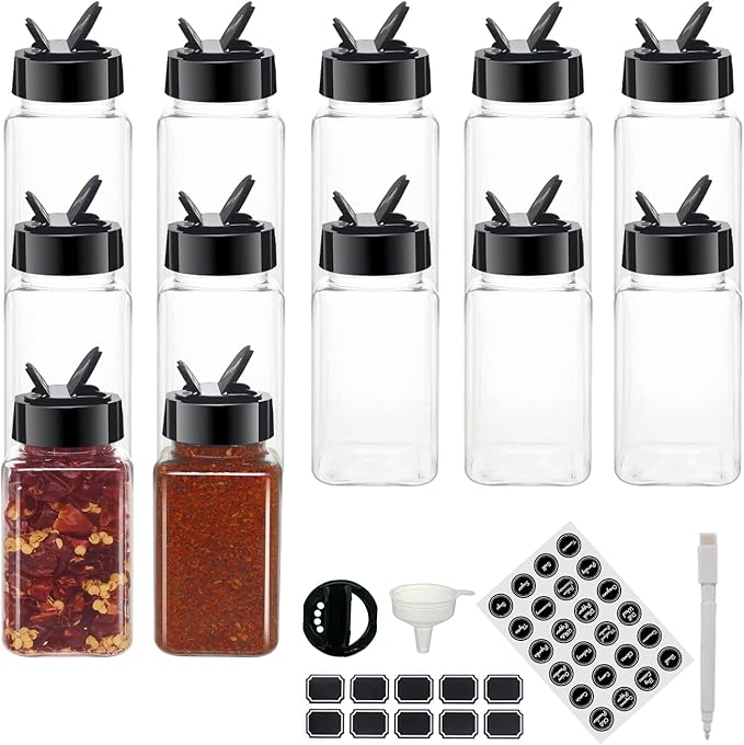 12 Pack 4oz Clear Plastic Spice Jars With Black Plastic Lids, Square Spice Bottles, Seasoning Containers with Chalk Labels, Pen, Funnel, Spice Containers For Kitchen Cabinet by BPFY