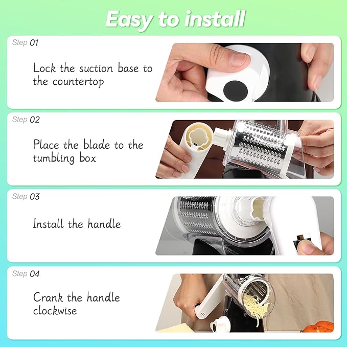 Ourokhome Rotary Cheese Grater Hand Crank, Kitchen Shredder Speed Mandolin Slicer Nuts Grinder with Handle and Drum Blades for Cheese, Vegetable, Walnut, Chocolate, Potato, Carrot, 3 Blades, Black - Image 8