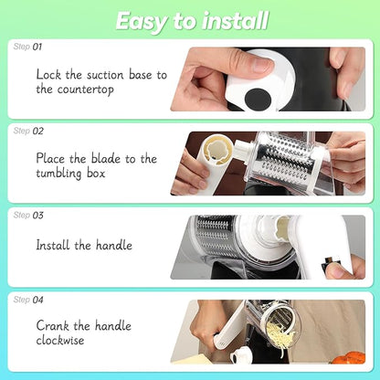 Ourokhome Rotary Cheese Grater Hand Crank, Kitchen Shredder Speed Mandolin Slicer Nuts Grinder with Handle and Drum Blades for Cheese, Vegetable, Walnut, Chocolate, Potato, Carrot, 3 Blades, Black - Image 8