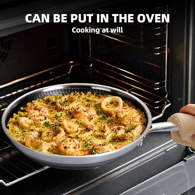 Non Stick Frying Pan 12 Inch with Lid, Hybrid Nonstick Stainless Steel Skillet Pan with Stay-cooling Handle, PFOA Free Non Toxic Dishwash & Oven Safe, Induction Ready, All Cooktops