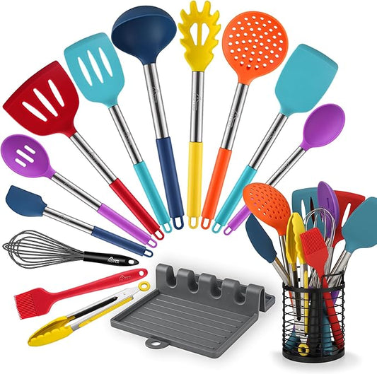 HOTEC 446°F Heat Resistant Silicone Kitchen Utensils, Cooking Utensil Set, Spatula Set, BPA Free, Kitchen Gadgets, Utensils Holder, Dishwasher Safe, 14pcs Multicolor by Hotec