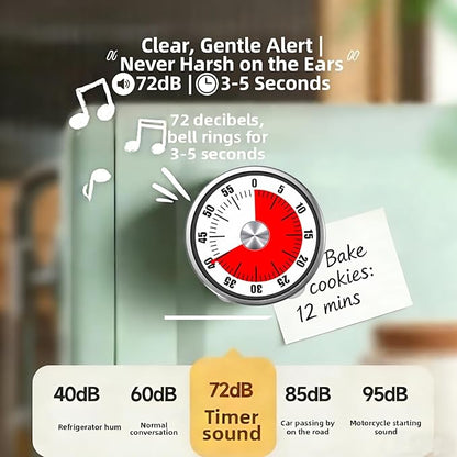 Kitchen Magnetic Visual Cooking Mechanical Timer with Loud Alarm, No Batteries Required, Stainless Steel, Countdown 60 Minute Wind Up Timer for Study, Chef, Teacher, Office (White with Bracket)