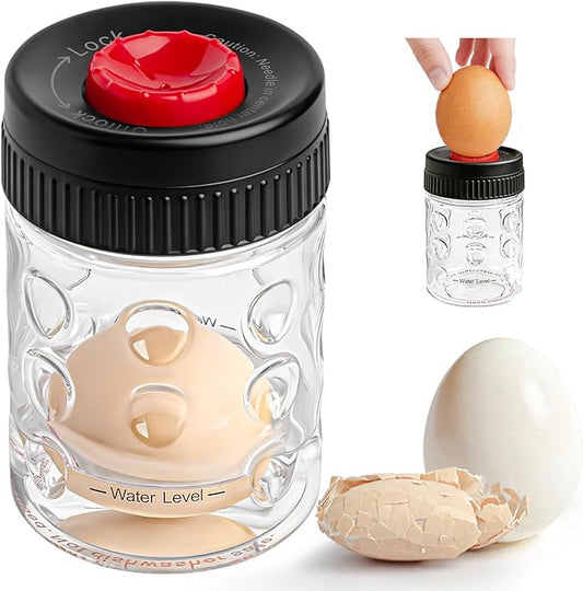 2 in 1 Egg Peeler with Piercer, Hard Boiled Egg Shell Remover Tool with Rotary Lock & Leak-Proof Design, Clear Egg Peeler for Meal Prep, Fitness, Camping & Deviled Eggs, Easy to Use & Clean (Black)