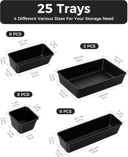 BiuLeon 25 PCS Plastic Drawer Organizers Set, 4-Sizes Vanity and Makeup Organizer, Desk and bathroom Drawer Organizer Trays, Organizers and Storage for Makeup, Jewelry, Gadgets, Utensils (Black) - Image 2
