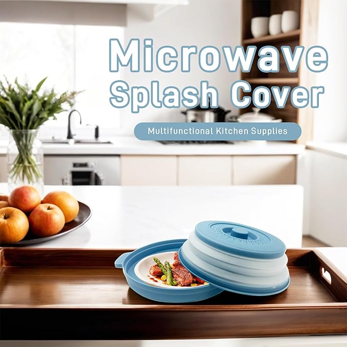 Microwave Splatter Cover 10.2 Inch with Handles, Collapsible Vented Silicone Lid & Anti-Scald Tray, BPA-Free Splash Guard for Food Heating, Fits Most Compact Microwaves