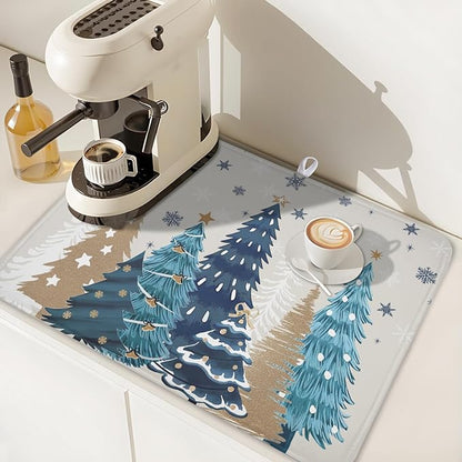 Christmas Tree Dish Drying Mat for Kitchen Counter 24x18 Inch Xmas Snowflake Drying Mat with Absorbent Reversible Microfiber House Blue Trees Dish Drainer Mats Rack Pad for Coffee Countertop Protector