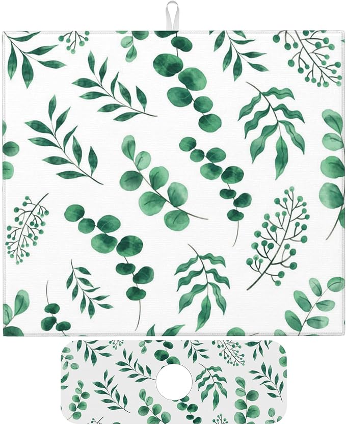 Watercolor Plant Green Leaves Dish Drying Mat for Kitchen Counter, 16"x18" Microfiber Absorbent Fast Dry Mat, 2Pcs Dish Mat Faucet Mats Sets, Large Drying Kitchen Mat Kitchen Drying Pad
