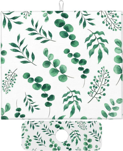 Watercolor Plant Green Leaves Dish Drying Mat for Kitchen Counter, 16"x18" Microfiber Absorbent Fast Dry Mat, 2Pcs Dish Mat Faucet Mats Sets, Large Drying Kitchen Mat Kitchen Drying Pad