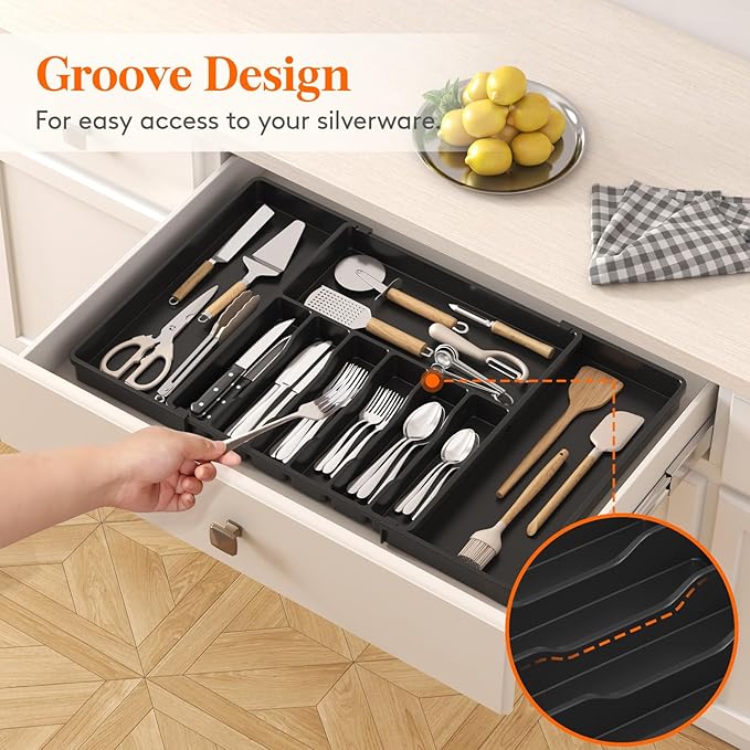Lifewit Silverware Drawer Organizer, Expandable Utensil Tray for Kitchen, BPA Free Flatware and Cutlery Holder, Adjustable Plastic Storage for Spoons Forks Knives, 18- 33 x 18.5", Black - Image 9