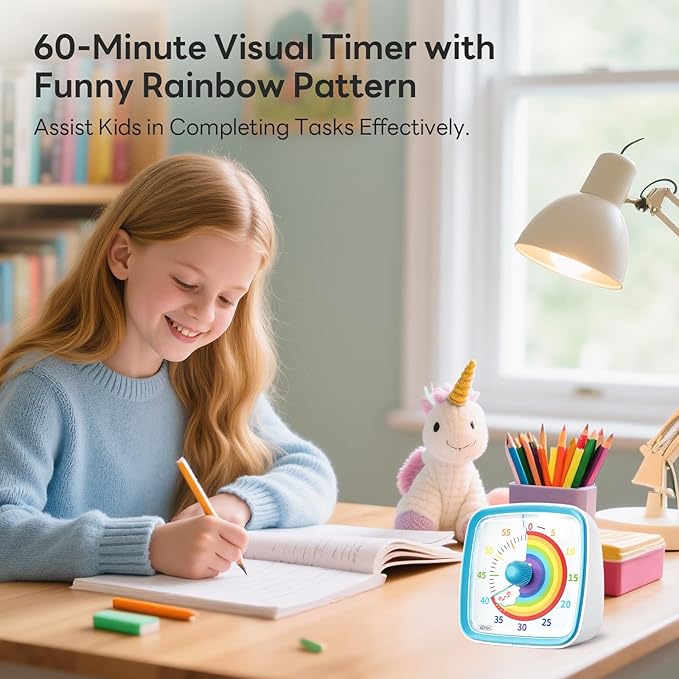 Yunbaoit Visual Timer with Night Light, 60-Minute Rainbow Countdown Timer for Kids and Adults, Time Management Tool for Home, School, Kitchen, or Office (Blue)