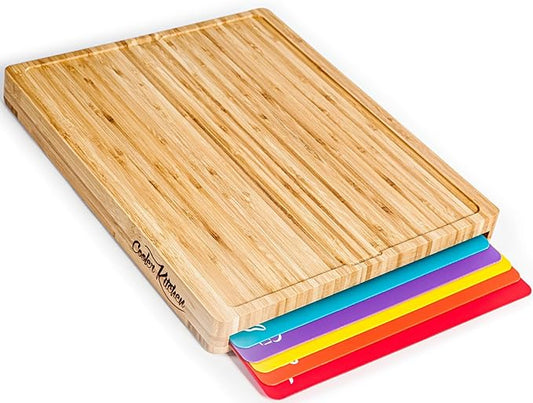 Bamboo Cutting Board Set with 6 Color Coded Mats with Food Icons, BPA-Free Non Slip Easy Clean Chopping Boards for Kitchen with Holder, Dishwasher Safe for Meal Prep & Serving, Large | Cooler Kitchen by CoolerKitchen