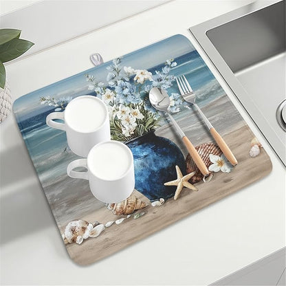 Summer Beach Dish Drying Mat for Kitchen Counter Nautical Coastal Blue Ocean Vase Floral Seashells Microfiber Dish Drainer Mat Absorbent Washable Drying Pad 16"x18"