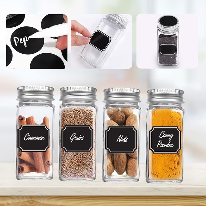Keketin 30 Pack Glass Spice Jars 4 oz with Labels, Empty Square Spice bottles Seasoning Containers with Silver Caps and Shaker Lids(80 Black Labels,1 Funnel,1 Pen and 1 Brush Included) - Image 2