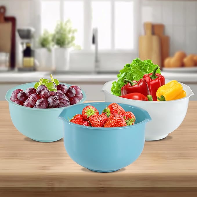 Set of 3 Mixing Bowls with Pour Spout-Nesting Design Saves Space - Non-Slip, BPA Free, Dishwasher Safe Plastic - Kitchen Cooking and Baking Supplies (Blue) - Image 3