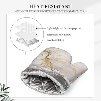 Oven Mitts and Pot Holders Marble Gray Gold White Silicone Kitchen Accessories Set of 4 Heat Resistant Long Gloves Potholder Non-Slip Grip for Chef Cooking Baking Grilling BBQ