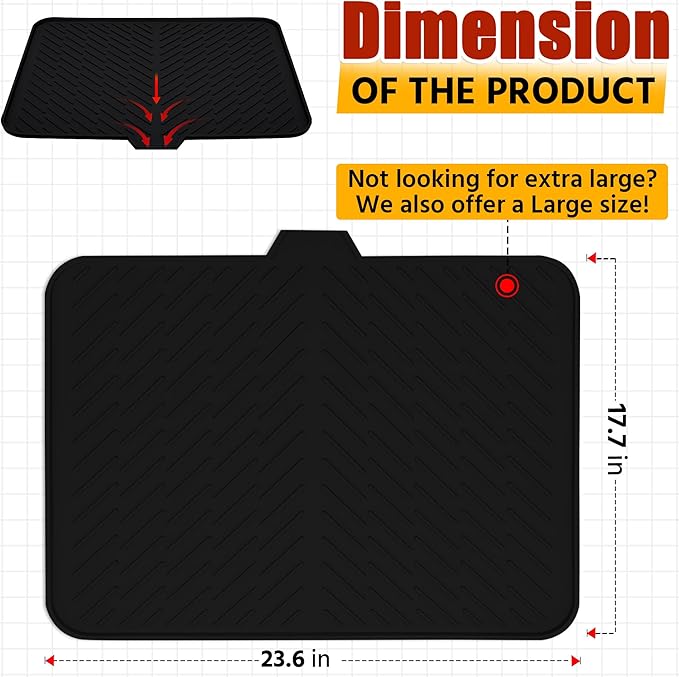 Luxet Silicone Dish Drying Mat with Built-in Drain Lip - Hygienic Drying Pad - Sturdy Compact Easy to Clean Tray Protects Surfaces Prevents Water Build Up - 23 X 17 (Black) - Image 2