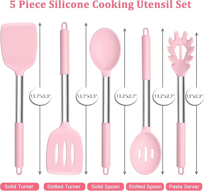 TeamFar Cooking Utensils Set, 5 PCS Silicone Kitchen Utensils with Stainless Steel Handle for Nonstick Cookware Turning Flipping Frying Draining, Heatproof & Healthy, Nonstick & Easy Clean, Pink - Image 2