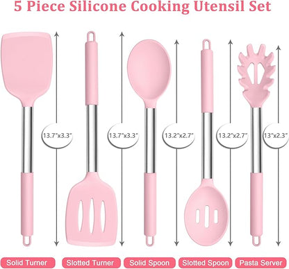 TeamFar Cooking Utensils Set, 5 PCS Silicone Kitchen Utensils with Stainless Steel Handle for Nonstick Cookware Turning Flipping Frying Draining, Heatproof & Healthy, Nonstick & Easy Clean, Pink - Image 2