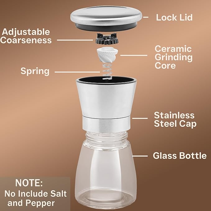 Salt and Pepper Grinder Set - Stainless Steel Refillable Salt & Peppercorn Shakers (2.6"W x 7.5"H - 2 Pack with Holder) - Image 2