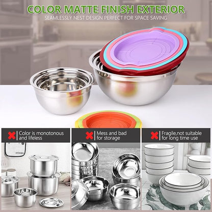 Leidawn Mixing Bowls with Lids for Kitchen - 25 PCS Stainless Steel Nesting Colorful Mixing Bowls Set for Baking,Mixing,Serving & Prepping,Size 5, 3.7, 2.8, 2.3, 1.7, 1.1, 0.7QT,11 Cooking Utensils - Image 6