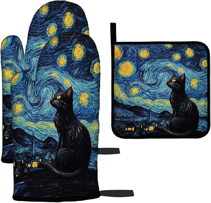 LOKMU Oven Mitts and Pot Holders Set of 3, Starry Night and Black Cat Heat Resistant Kitchen Gloves Hot Pads for Cooking Baking BBQ, Kitchen Decor Gifts for Cooking Lover Cooks
