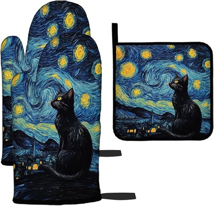 LOKMU Oven Mitts and Pot Holders Set of 3, Starry Night and Black Cat Heat Resistant Kitchen Gloves Hot Pads for Cooking Baking BBQ, Kitchen Decor Gifts for Cooking Lover Cooks