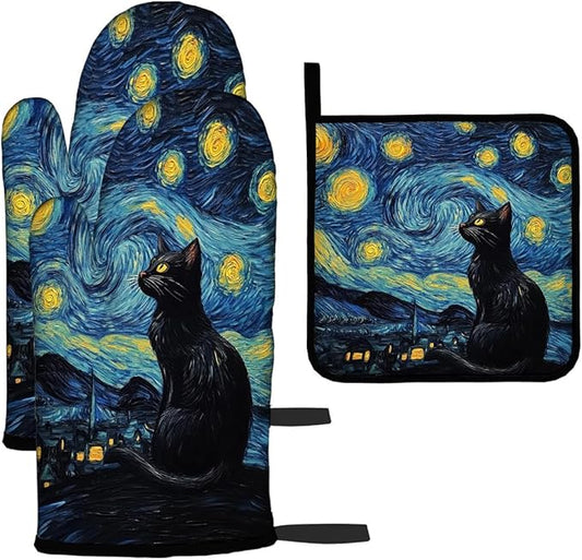 LOKMU Oven Mitts and Pot Holders Set of 3, Starry Night and Black Cat Heat Resistant Kitchen Gloves Hot Pads for Cooking Baking BBQ, Kitchen Decor Gifts for Cooking Lover Cooks