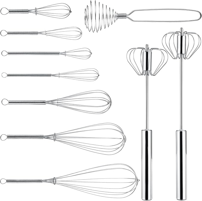Teenyyou 10 Pcs Stainless Steel Whisks Set Egg Beater Semi Auto Whisk Blender Hand Push Beater Versatile Utensil for Kitchen Mixing Blending Beating Stirring Cooking 3 5 6 7 8 10 12 Inch by Teenyyou